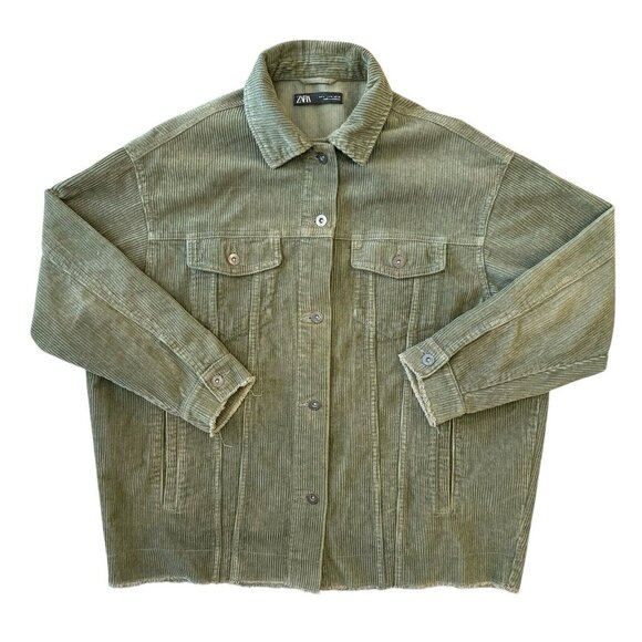 Zara Shirt Jacket Shacket Thick Corduroy Size Medium Raw Hem Army Olive Green - Picture 1 of 7